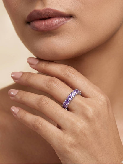 Luxe Amethyst Violet Round Stone Eternity Stackable Silver Band