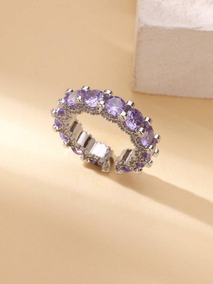 Luxe Amethyst Violet Round Stone Eternity Stackable Silver Band