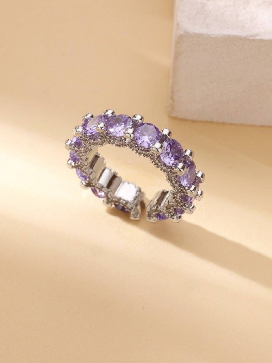 Luxe Amethyst Violet Round Stone Eternity Stackable Silver Band