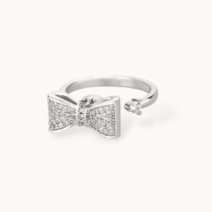Glam Pave Bow Adjustable Solitaire Silver Diamond Ring
