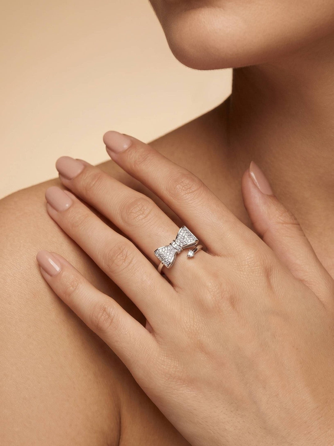 Glam Pave Bow Adjustable Solitaire Silver Diamond Ring