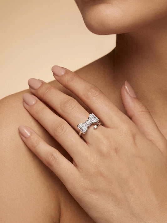 Glam Pave Bow Adjustable Solitaire Silver Diamond Ring