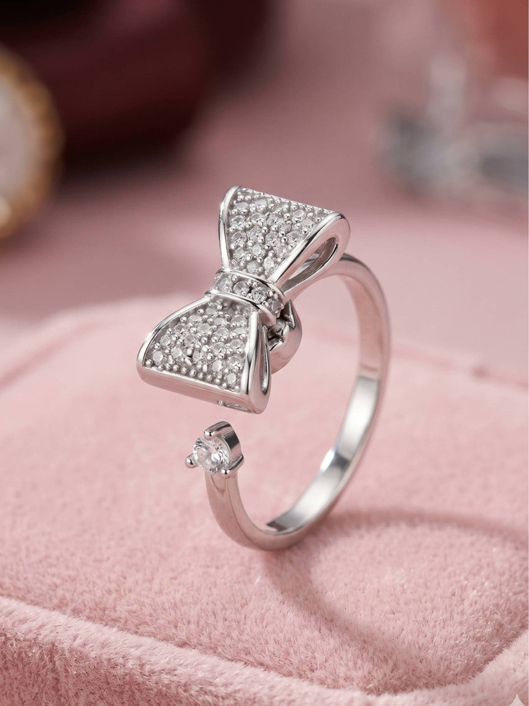 Glam Pave Bow Adjustable Solitaire Silver Diamond Ring