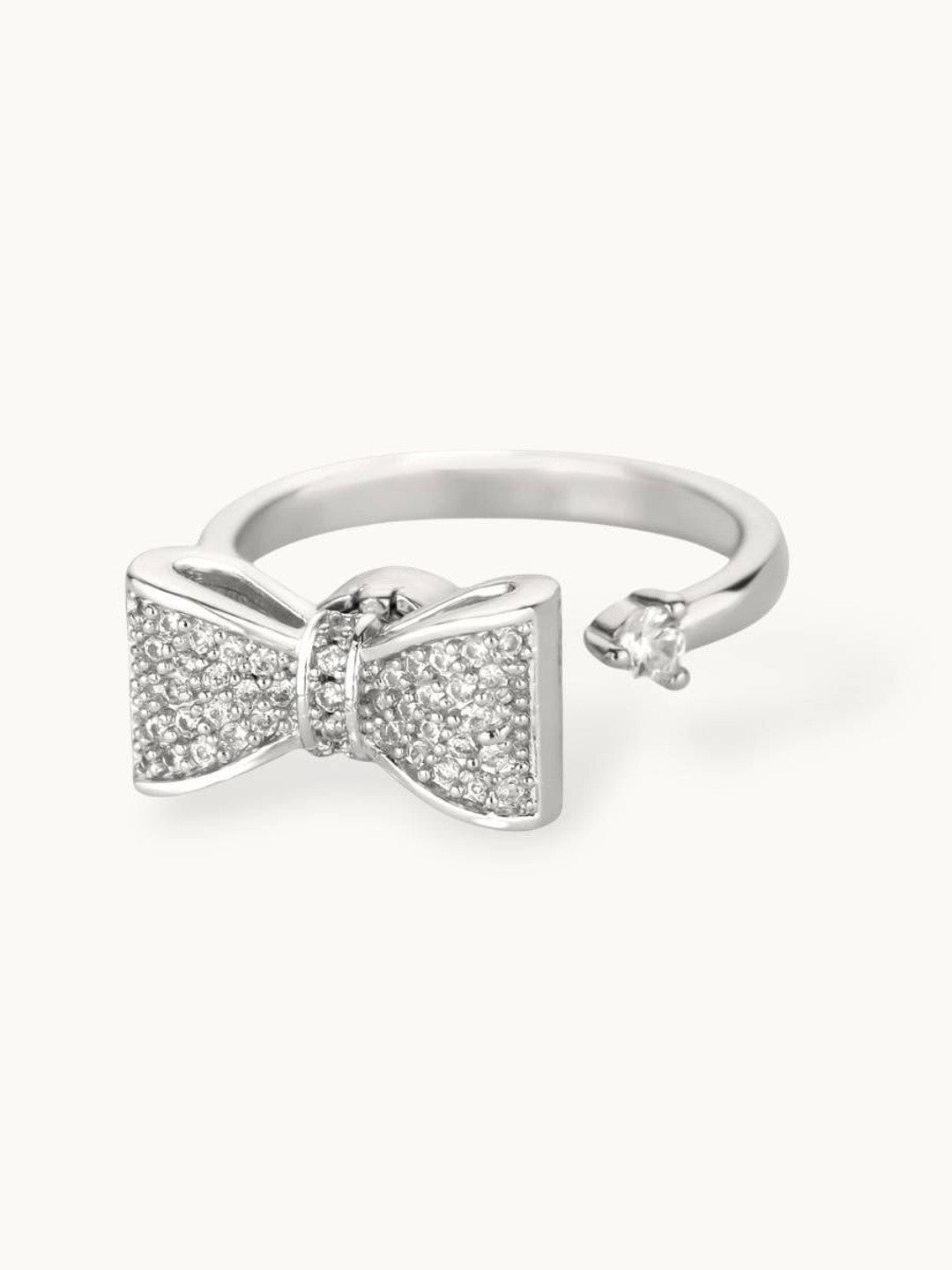 Glam Pave Bow Adjustable Solitaire Silver Diamond Ring