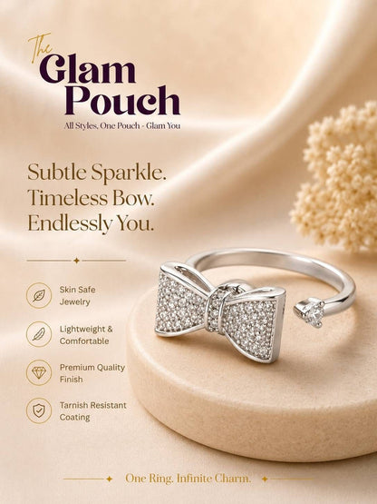Glam Pave Bow Adjustable Solitaire Silver Diamond Ring