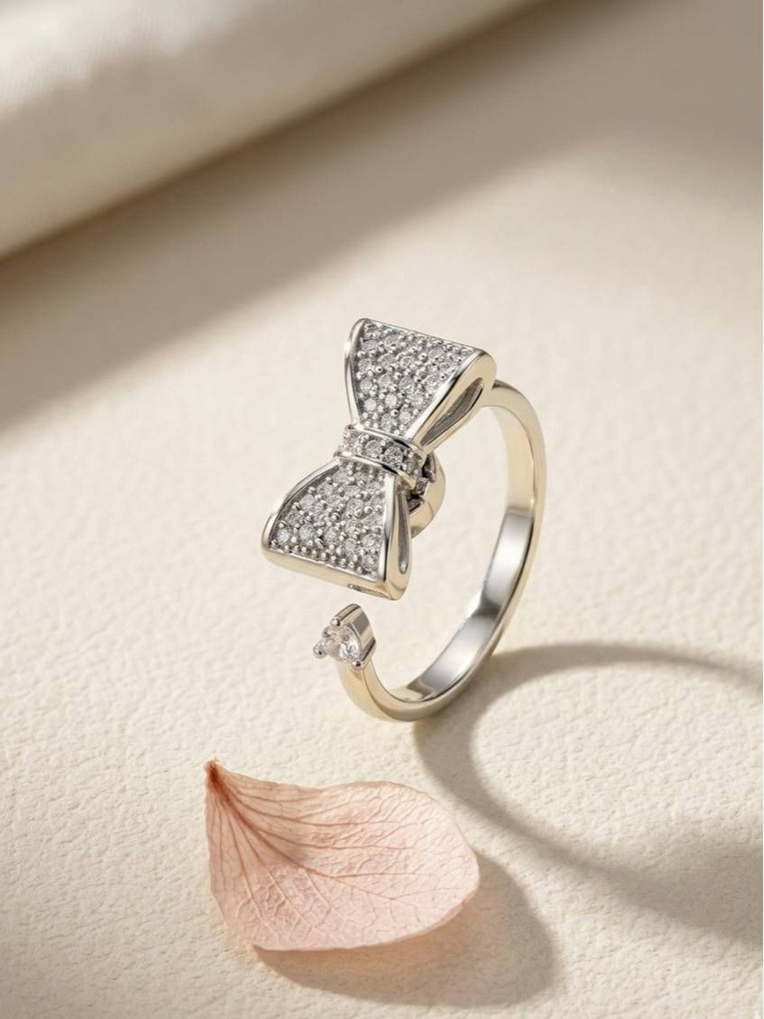 Glam Pave Bow Adjustable Solitaire Silver Diamond Ring