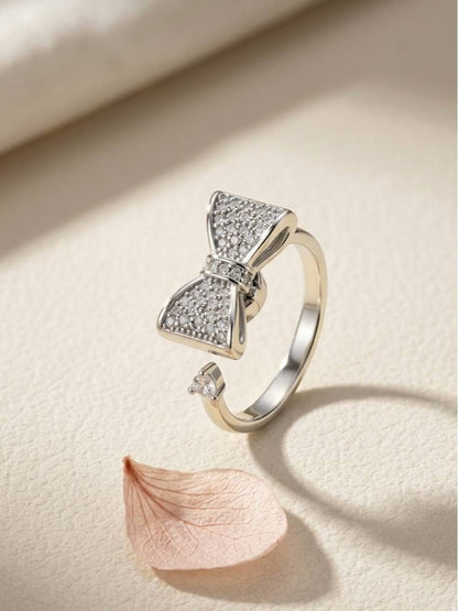 Glam Pave Bow Adjustable Solitaire Silver Diamond Ring