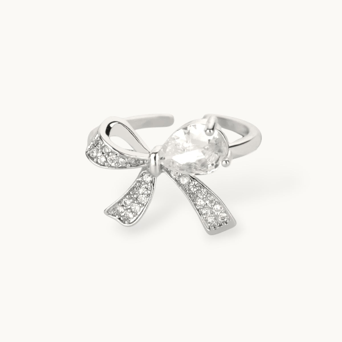 Delicate Pave Solitaire Adjustable Silver Coated Diamond Bow Ring