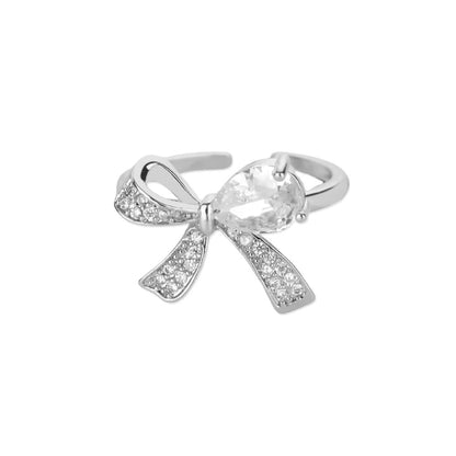 Delicate Pave Solitaire Adjustable Silver Coated Diamond Bow Ring