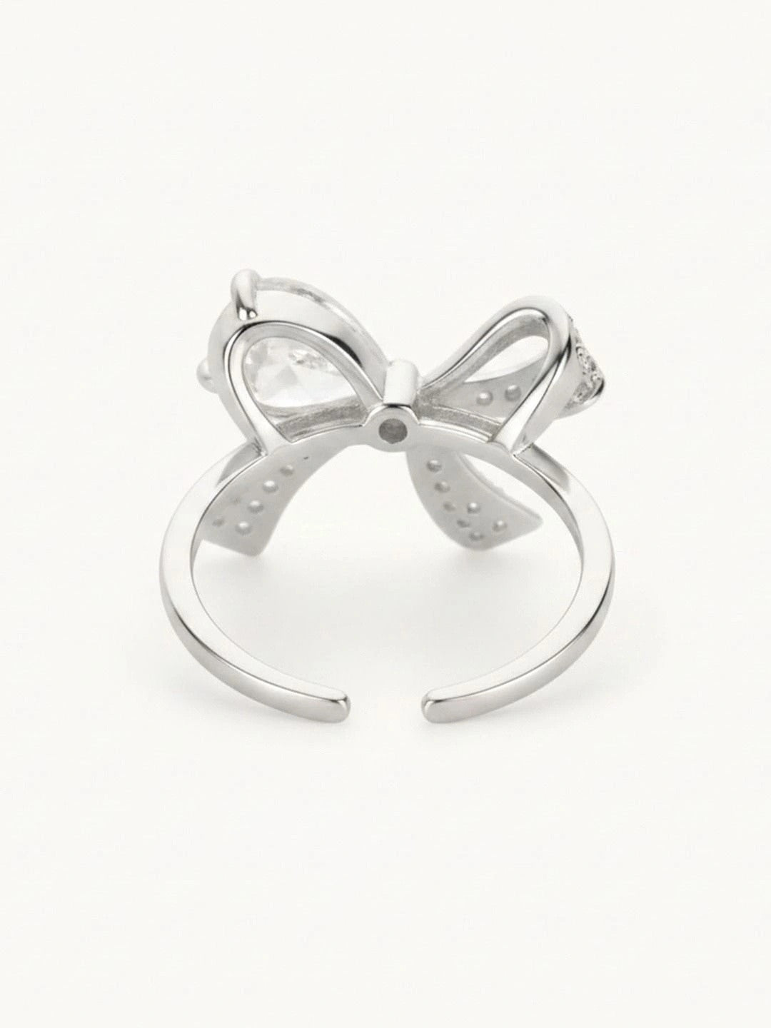Delicate Pave Solitaire Adjustable Silver Coated Diamond Bow Ring