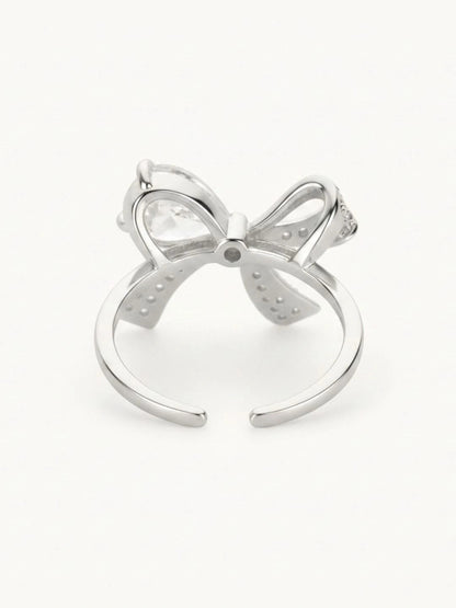 Delicate Pave Solitaire Adjustable Silver Coated Diamond Bow Ring