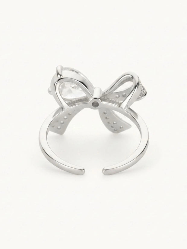 Delicate Pave Solitaire Adjustable Silver Coated Diamond Bow Ring