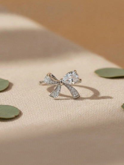 Delicate Pave Solitaire Adjustable Silver Coated Diamond Bow Ring