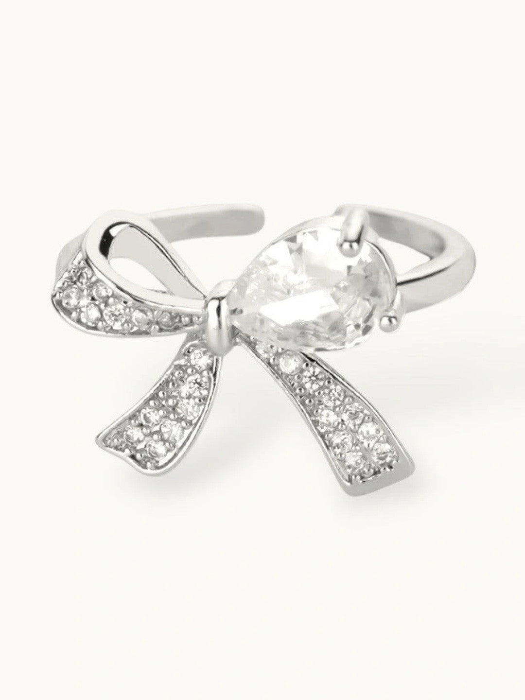 Delicate Pave Solitaire Adjustable Silver Coated Diamond Bow Ring