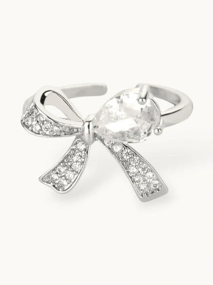 Delicate Pave Solitaire Adjustable Silver Coated Diamond Bow Ring