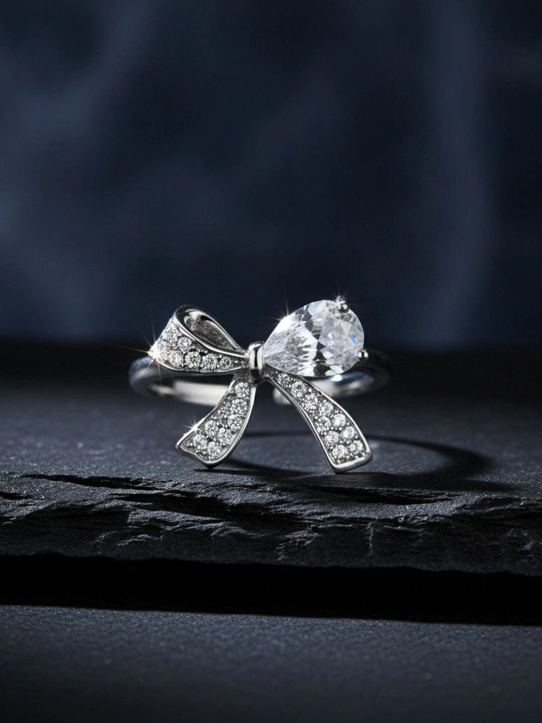 Delicate Pave Solitaire Adjustable Silver Coated Diamond Bow Ring