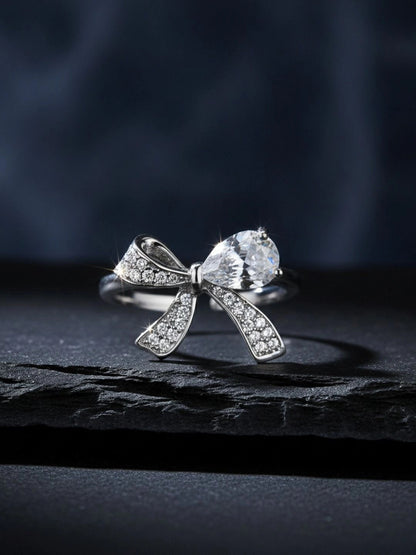 Delicate Pave Solitaire Adjustable Silver Coated Diamond Bow Ring