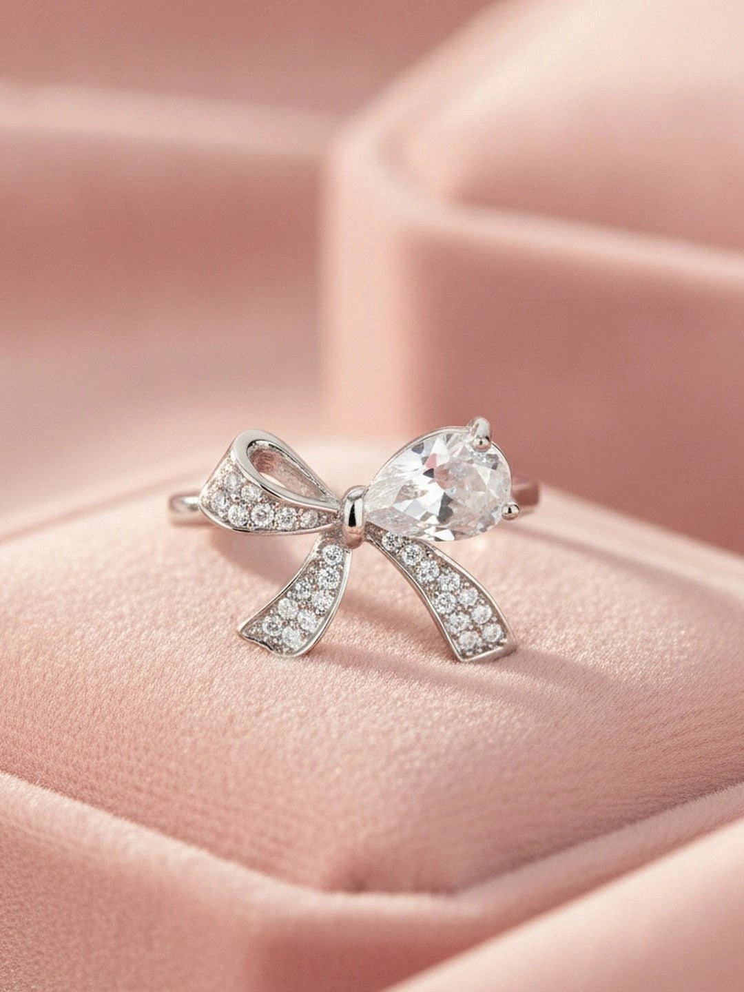 Delicate Pave Solitaire Adjustable Silver Coated Diamond Bow Ring