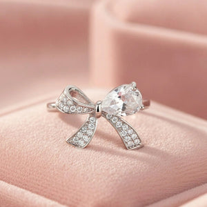 Delicate Pave Solitaire Adjustable Silver Coated Diamond Bow Ring