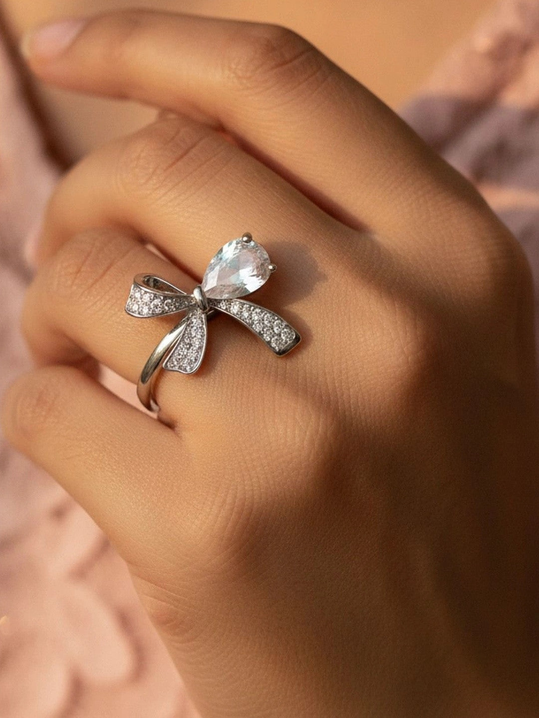 Delicate Pave Solitaire Adjustable Silver Coated Diamond Bow Ring