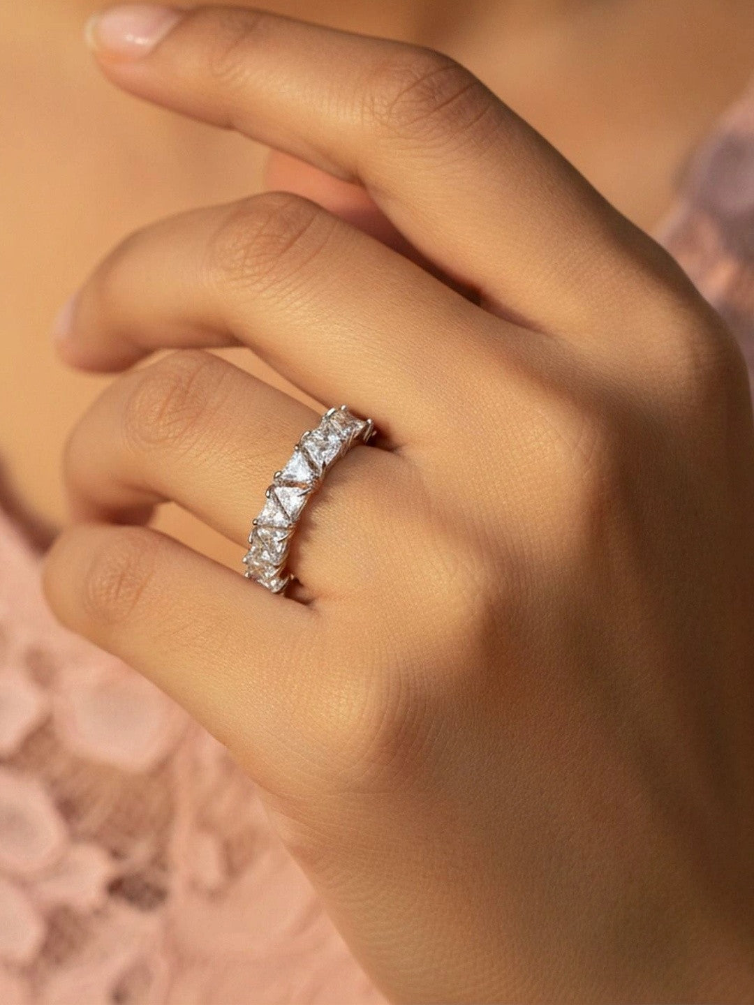 Luxe Trillion-Cut Stackable Eternity Silver Diamond Ring