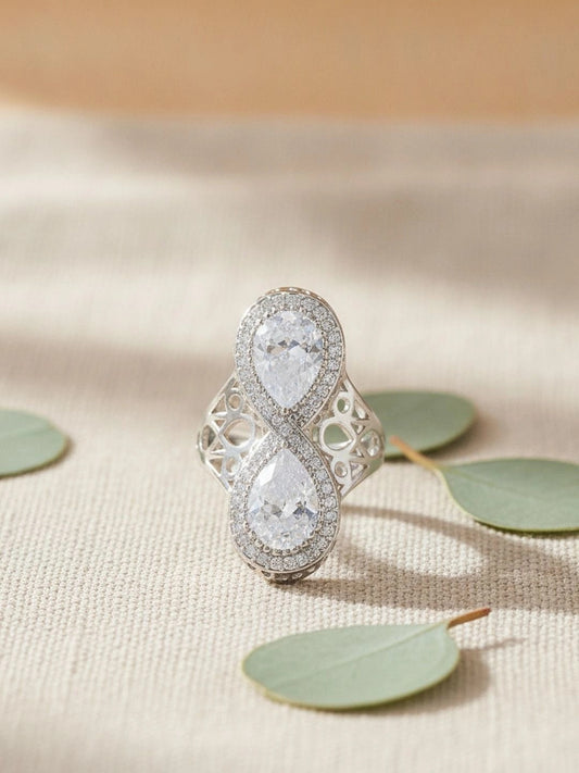 Regal Infinity Filigree Dual Pear-Cut Statement Silver Coated Diamond Ring