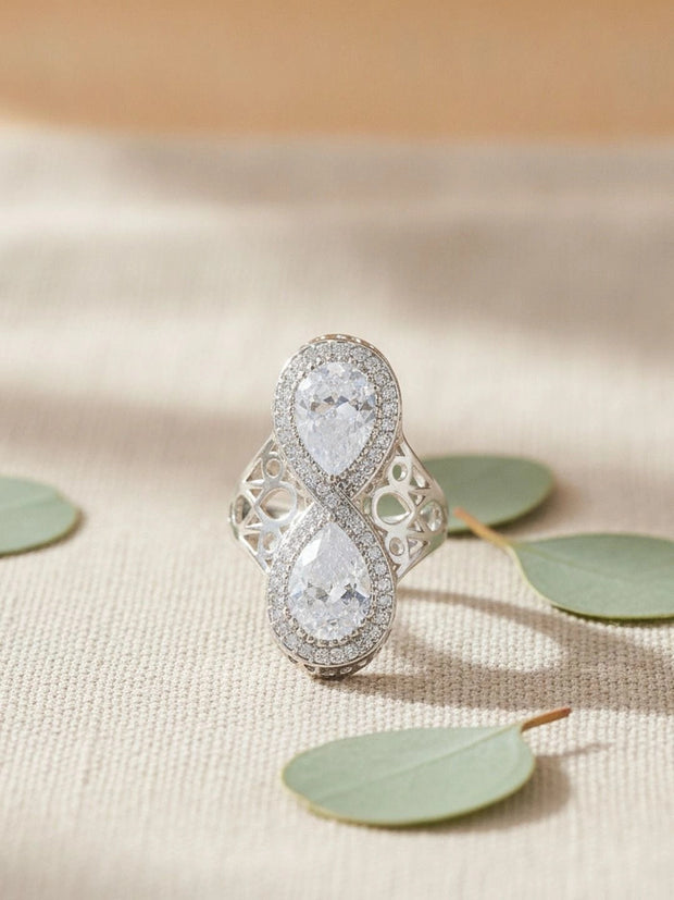 Regal Infinity Filigree Dual Pear-Cut Statement Silver Coated Diamond Ring