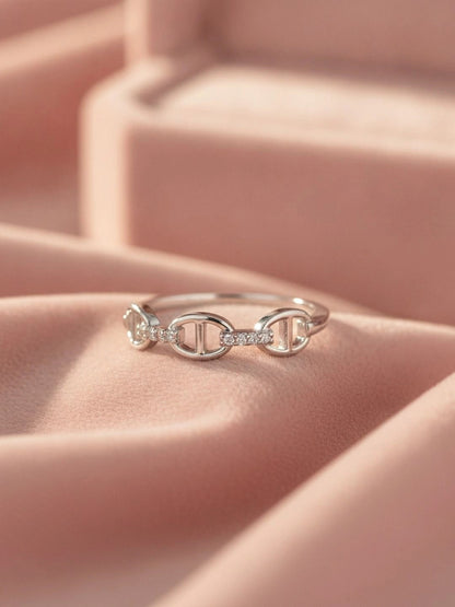 Delicate Pave Link Stackable Silver Band Ring