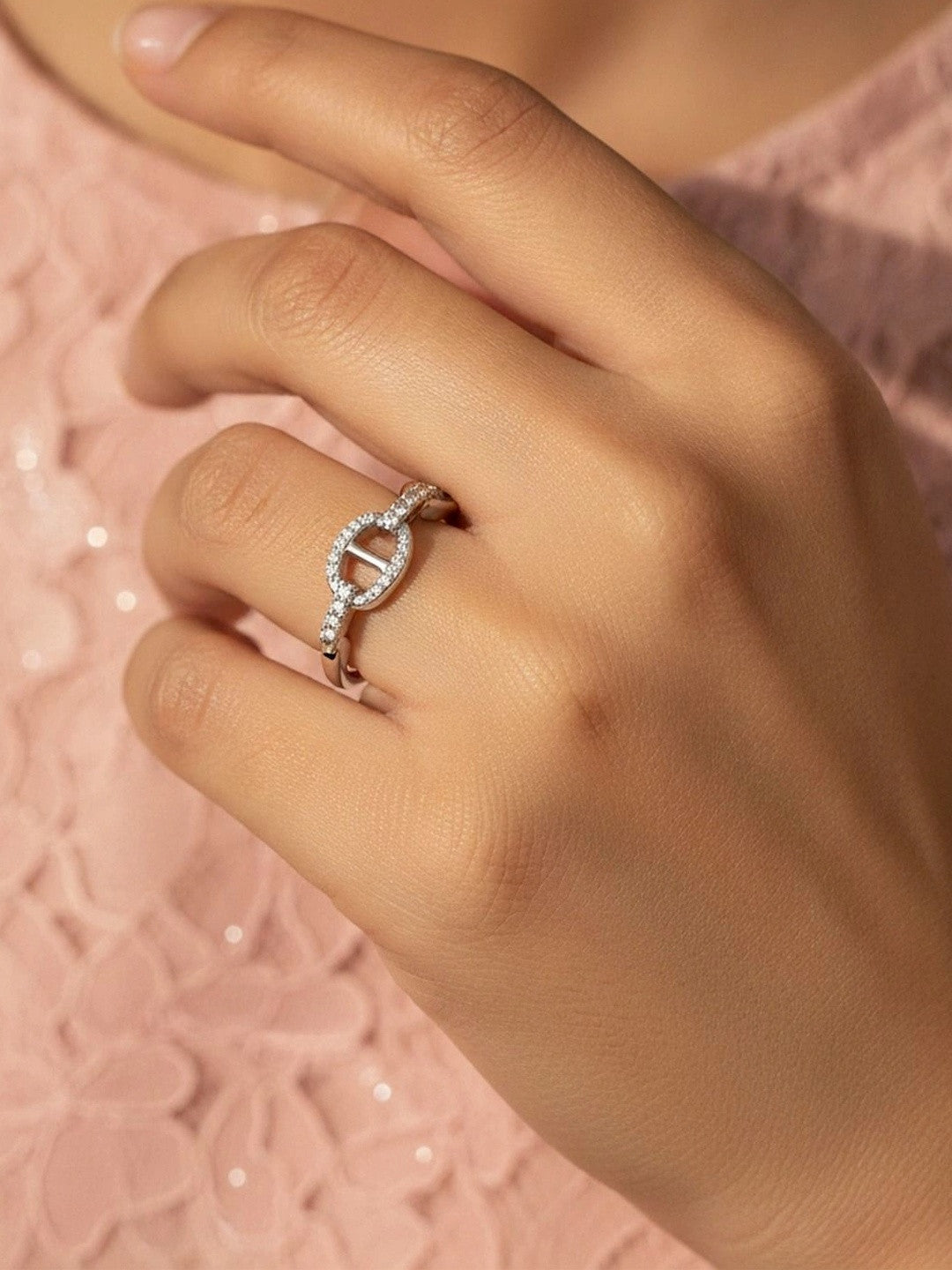 Delicate Pave Link Stackable Silver Band Ring