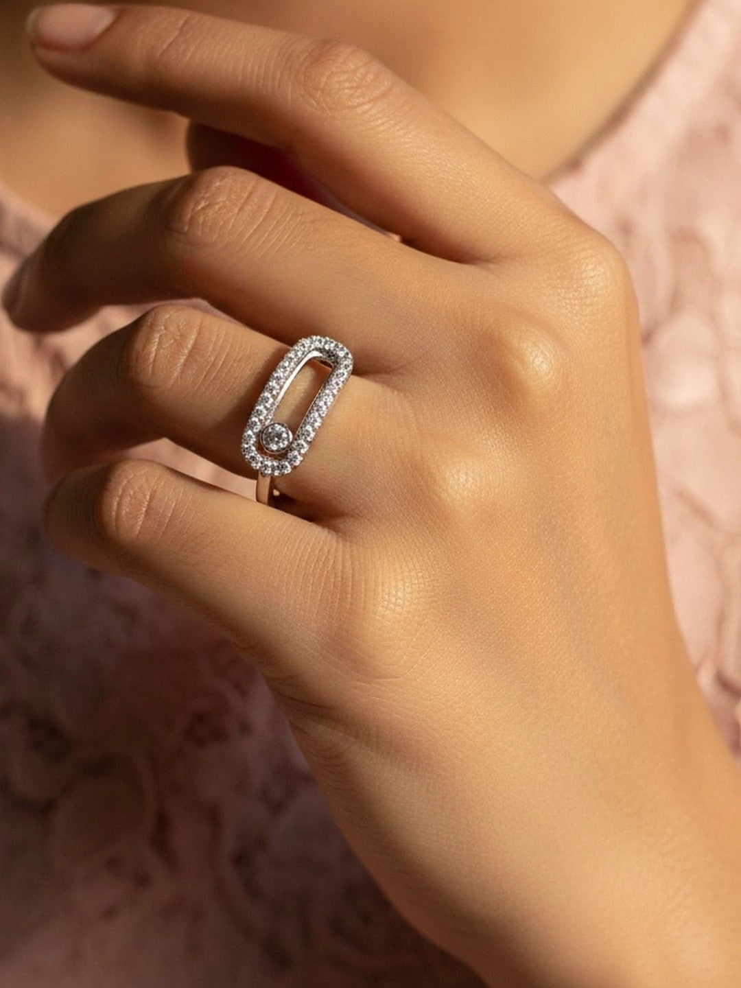 Modern Pave Link Open Stackable Silver Coated Diamond Ring