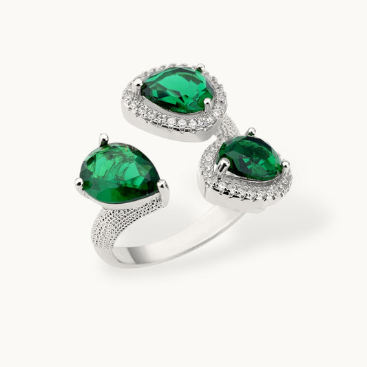 Opulent Triple Pear-Cut Emerald Cluster Cocktail Silver Statement Ring