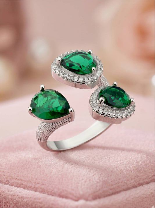 Opulent Triple Pear-Cut Emerald Cluster Cocktail Silver Statement Ring