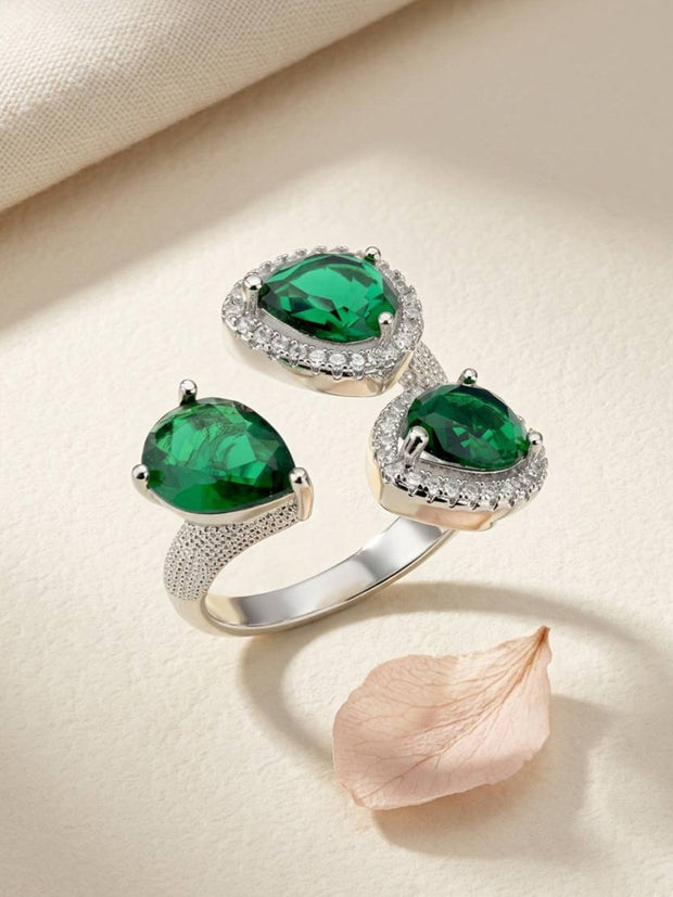 Opulent Triple Pear-Cut Emerald Cluster Cocktail Silver Statement Ring