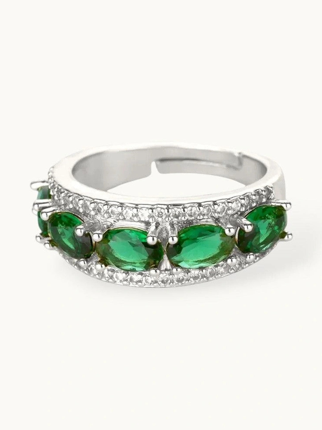 Opulent Emerald Oval Halo Stackable Silver Band Ring