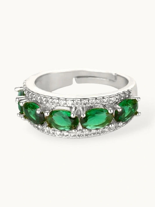 Opulent Emerald Oval Halo Stackable Silver Band Ring