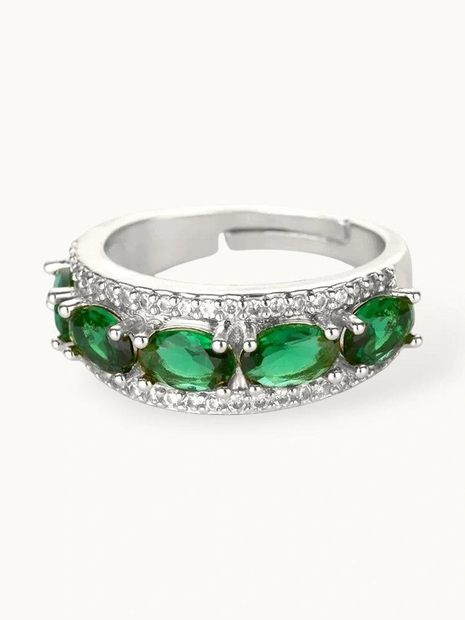 Opulent Emerald Oval Halo Stackable Silver Band Ring