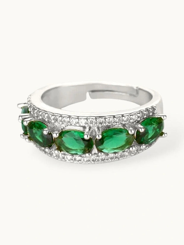 Opulent Emerald Oval Halo Stackable Silver Band Ring