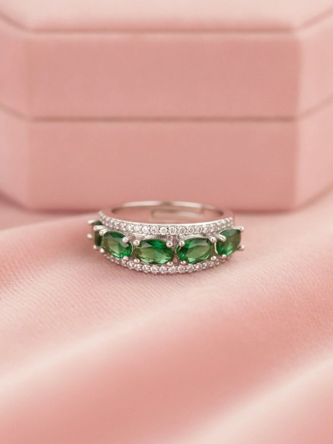Opulent Emerald Oval Halo Stackable Silver Band Ring