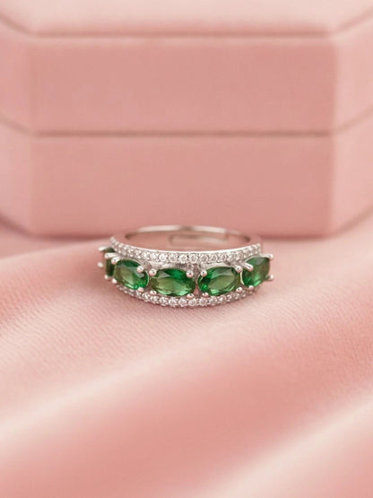 Opulent Emerald Oval Halo Stackable Silver Band Ring