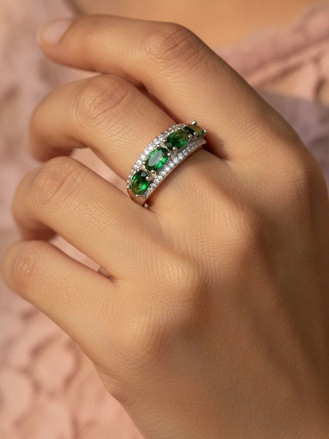 Opulent Emerald Oval Halo Stackable Silver Band Ring