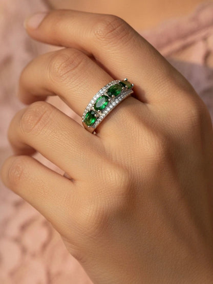 Opulent Emerald Oval Halo Stackable Silver Band Ring