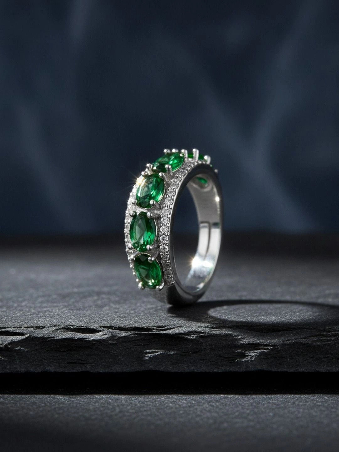 Opulent Emerald Oval Halo Stackable Silver Band Ring