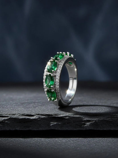 Opulent Emerald Oval Halo Stackable Silver Band Ring