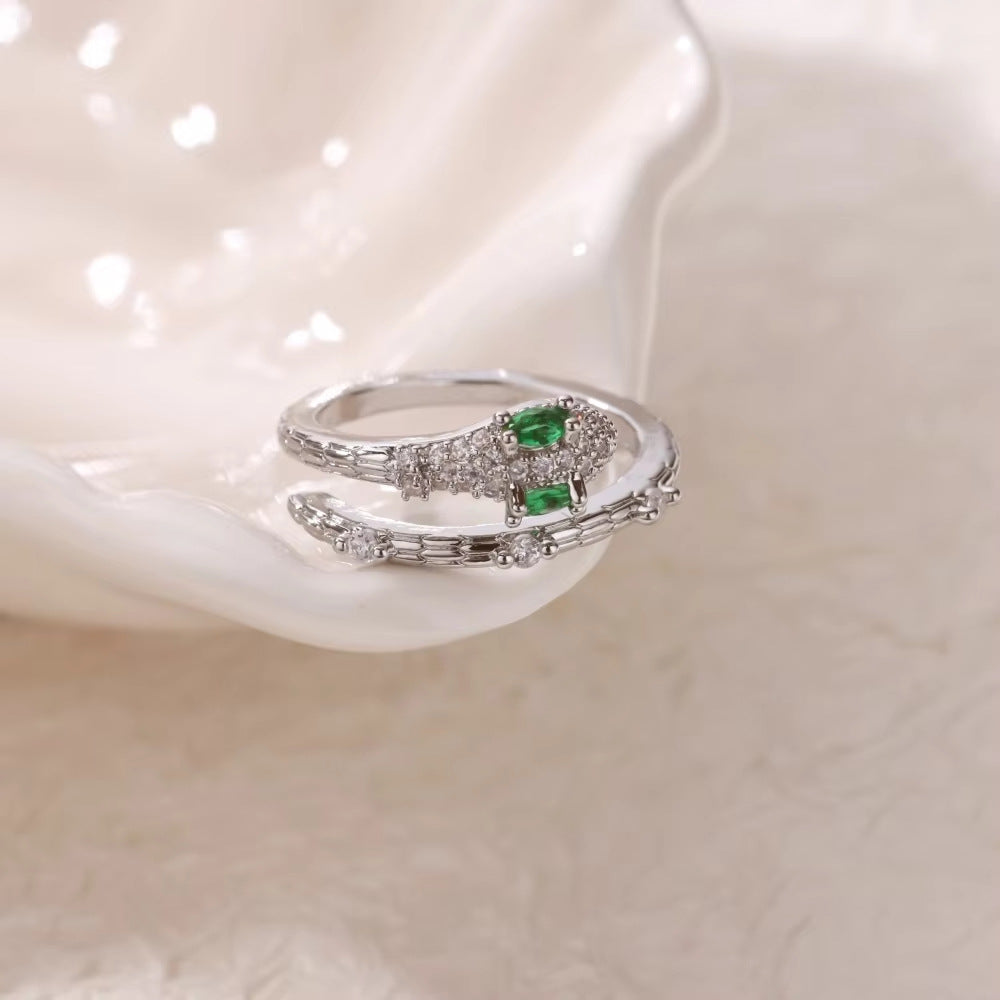 Regal Emerald Pave Serpent Wrap Silver Diamond Ring