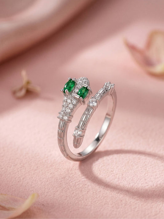 Regal Emerald Pave Serpent Wrap Silver Diamond Ring