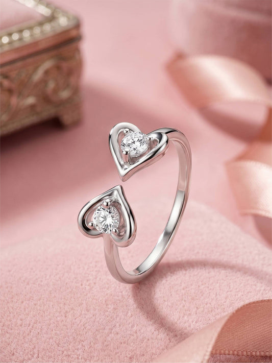 Dual Solitaire Adjustable Heart Shape Silver Ring