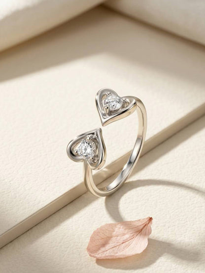 Dual Solitaire Adjustable Heart Shape Silver Ring