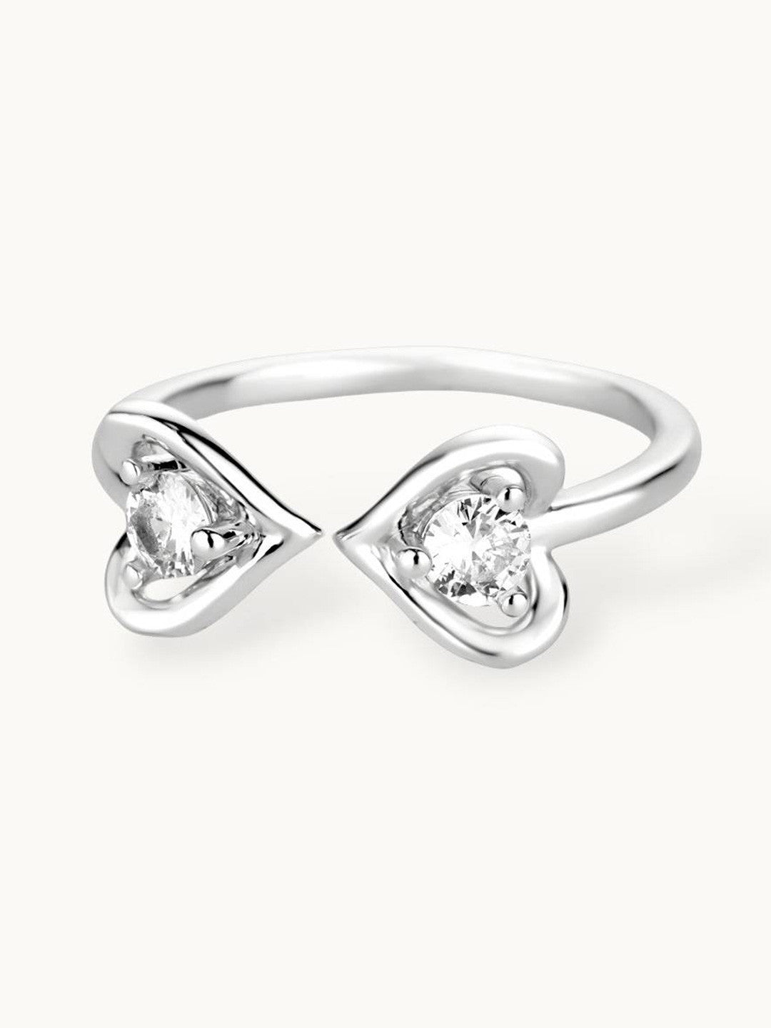 Dual Solitaire Adjustable Heart Shape Silver Ring