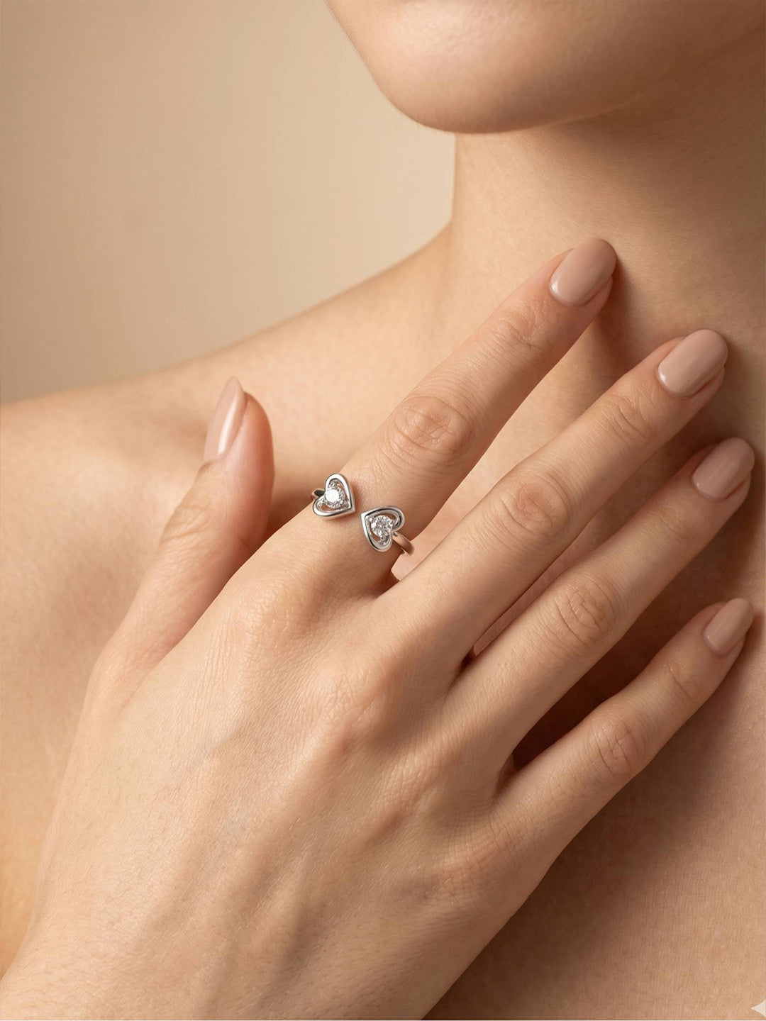 Dual Solitaire Adjustable Heart Shape Silver Ring