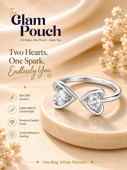 Dual Solitaire Adjustable Heart Shape Silver Ring